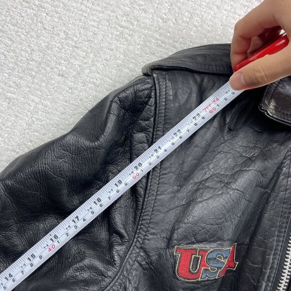 VTG Albert Montreal Leather Black Biker Jacket Coat Eagles American Flag USA REA - Picture 12 of 16